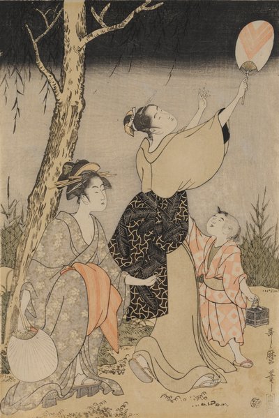 Catching Fireflies Beneath a Willow Tree (left) de Kitagawa Utamaro