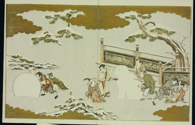 Niños haciendo un shishi de nieve y rodando una bola de nieve, de "El Mundo de Plata" de Kitagawa Utamaro