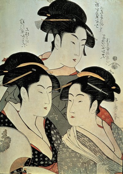 Primer plano de una pintura de tres mujeres, Kitagawa Utamaro, era Kansei, Japón de Kitagawa Utamaro