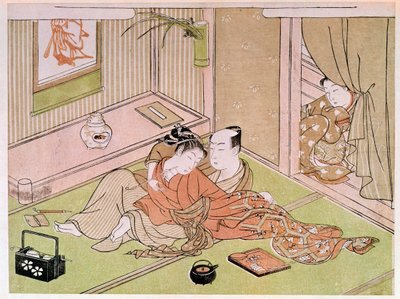 Pareja acariciándose bajo la mirada de la sirvienta de Kitagawa Utamaro
