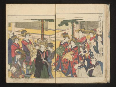 Cortesanos y espectadores durante un desfile de Año Nuevo de Kitagawa Utamaro