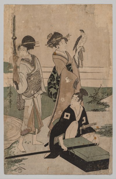 Daimyō y su séquito cruzando un arroyo en la llanura cerca de Fuji de Kitagawa Utamaro