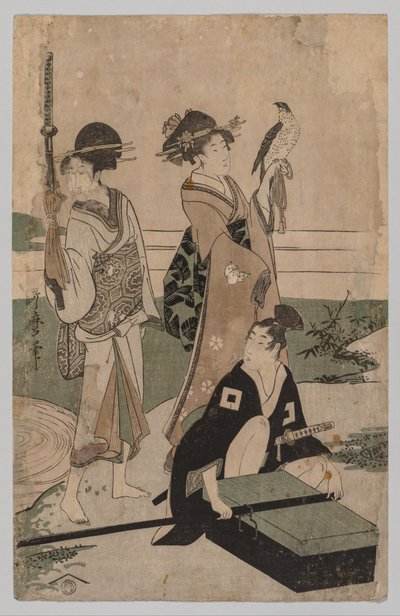 Daimyō y su séquito cruzando un arroyo en la llanura cerca de Fuji de Kitagawa Utamaro