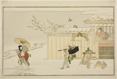 Entregando regalos de Año Nuevo en la nieve, de la antología ilustrada de kyoka "El joven dios Ebisu (Waka Ebisu)" de Kitagawa Utamaro