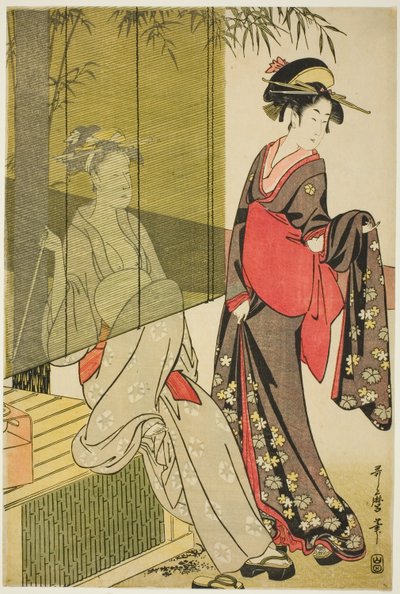 Secado y estirado de tela de Kitagawa Utamaro
