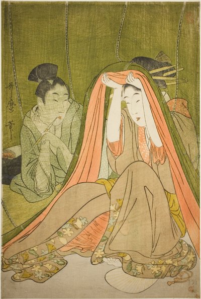 Saliendo de una mosquitera de Kitagawa Utamaro
