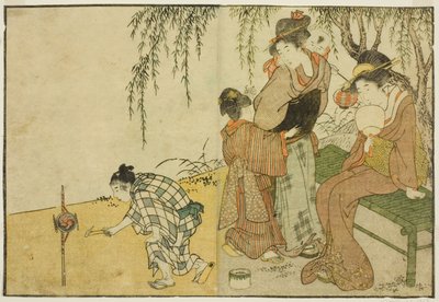Disfrutando de los fuegos artificiales, del libro ilustrado "Libro de imágenes: Flores de las cuatro estaciones," vol. 1 de Kitagawa Utamaro