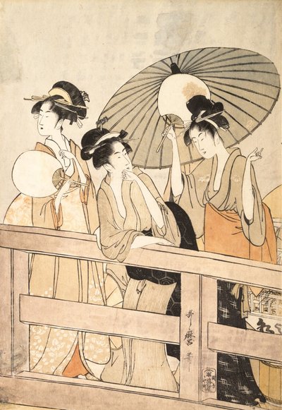 Disfrutando de la fresca brisa de la tarde en y bajo el puente de Kitagawa Utamaro