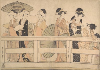 Disfrutando de la brisa fresca de la tarde en... el puente, ca. 1800 de Kitagawa Utamaro