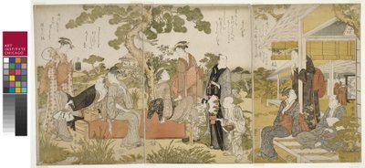 Disfrutando del fresco en un jardín, tríptico de Oban, c.1788-90 de Kitagawa Utamaro