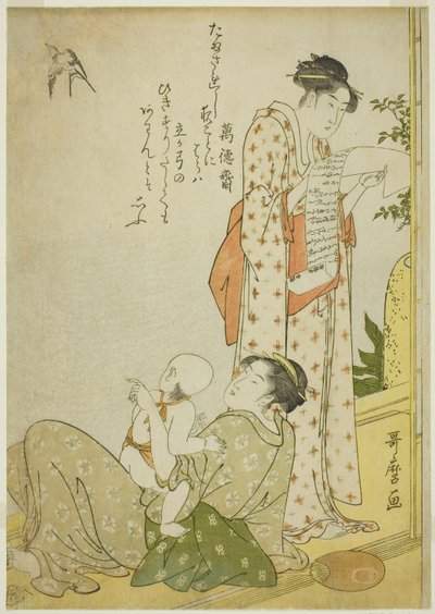 Fresco de la tarde en la veranda (Ensaki no yusuzumi): Escenas de género con poemas kyoka, en formato aiban (Kyoka-iri aiban fuzoku zu) de Kitagawa Utamaro