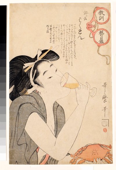 Mujer desvergonzada bebiendo una copa de vino - Serie ""A través de las copas moralizantes de los padres"" sobre la educación - Impresión de Kitagawa Utamaro (1753-1806) de Kitagawa Utamaro