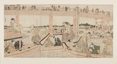 Barcos de pesca con redes bajo el puente Ryogoku de Kitagawa Utamaro