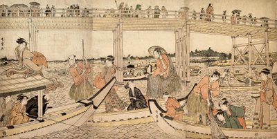 Barcos de Pesca con Redes bajo el Puente Ryogoku, 1790s de Kitagawa Utamaro