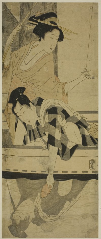 Pescando bajo un puente de Kitagawa Utamaro