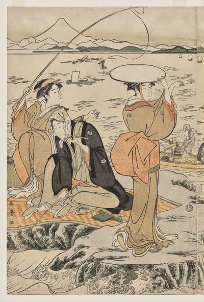 Pescando en la roca de la tabla de cortar en Enoshima de Kitagawa Utamaro