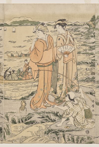 Pescando en la roca de la tabla de cortar en Enoshima de Kitagawa Utamaro