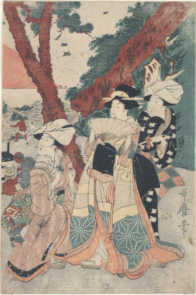 Playa Futamigaura en el Año Nuevo de Kitagawa Utamaro
