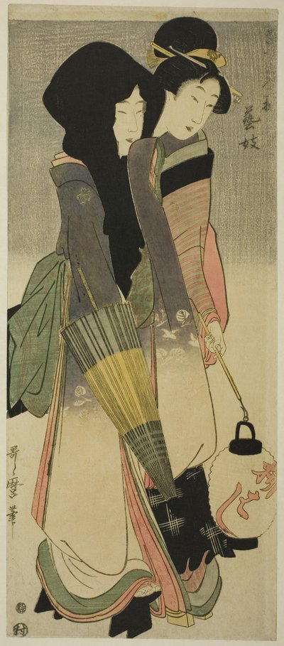 Geisha (Geigi), de la serie "Tres Diversiones de Bellezas Contemporáneas" ("Tosei bijin san’yu") de Kitagawa Utamaro