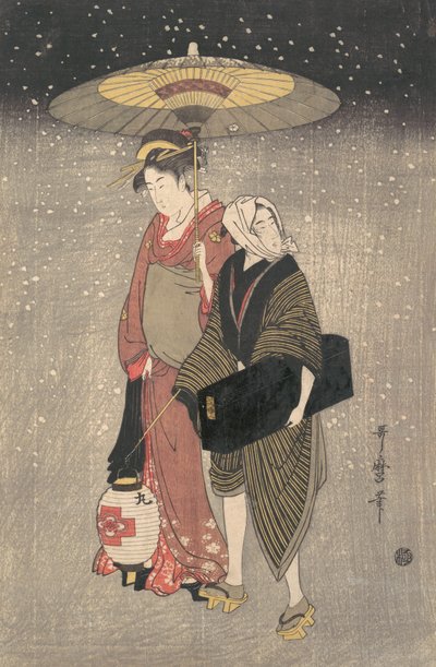 Geisha caminando por la nieve en la noche de Kitagawa Utamaro