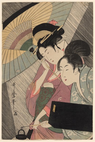 Geisha y asistente en una noche lluviosa de Kitagawa Utamaro