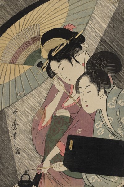 Geisha y asistente en una noche lluviosa de Kitagawa Utamaro