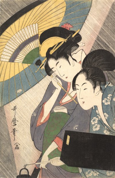 Geisha y asistente en una noche lluviosa de Kitagawa Utamaro