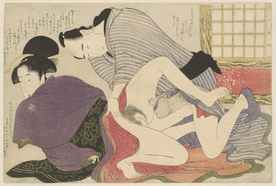 Geisha y amante en un biombo independiente Negai no itoguchi (título de la serie) de Kitagawa Utamaro