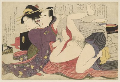 Geisha en kimono de manga larga y su amante Negai no itoguchi (título de la serie) de Kitagawa Utamaro