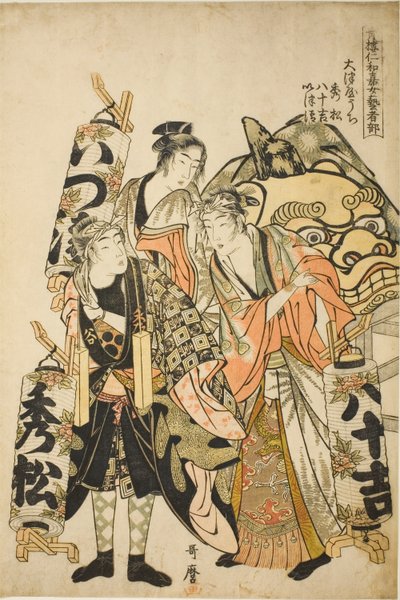 Hidematsu, Yasokichi, Izukiyo del Otsuya (Otsuya uchi Hidematsu, Yasokichi, Izukiyo), de la serie "Sección de Geishas Femeninas del Festival Niwaka de Yoshiwara (Seiro niwaka onna geisha no bu)" de Kitagawa Utamaro