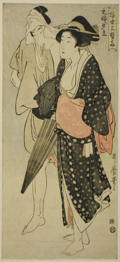 Marido y Mujer Atrapados en una Lluvia Vespertina (Fufu no Yudachi), de la serie "Tres Placeres Vespertinos del Mundo Flotante" ("Ukiyo San Seki") de Kitagawa Utamaro