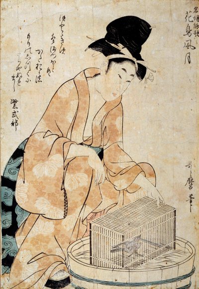 Arte japonés: mujer sentada frente a una jaula de pájaros. Dibujo de Outamaro (Utamaro) Kitagawa (1753-1806) Siglo XVIII. Rennes, Museo de Bellas Artes de Kitagawa Utamaro