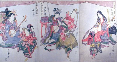 Kintaro, Urashimataro y Momotaro, del tríptico "Juego de tres copas de sake para el primer mes (Tarozuki mitsugumi sakazuki)" de Kitagawa Utamaro