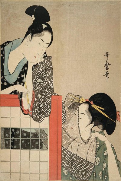 Dama y caballero junto a una pantalla de Kitagawa Utamaro