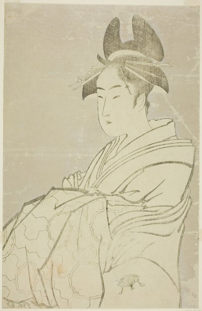 Miyahito del Ogiya, cuyos asistentes son Tsubaki y Shirabe de Kitagawa Utamaro