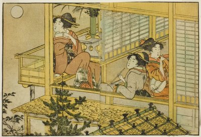 Fiesta de Observación de la Luna, del libro ilustrado "Libro de Imágenes: Flores de las Cuatro Estaciones (Ehon shiki no hana)," vol. 2 de Kitagawa Utamaro