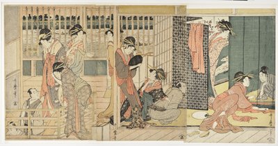 Despedida matutina en los alojamientos temporales del barrio de placer, 1801 de Kitagawa Utamaro