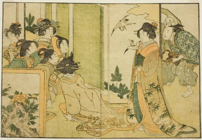 Actuación manzai de Año Nuevo en la mansión de un señor feudal, del libro ilustrado "Picture Book: Flores de las cuatro estaciones (Ehon shiki no hana)", vol. 1 de Kitagawa Utamaro