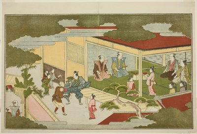 Año Nuevo en una mansión samurái, de la antología ilustrada de kyoka El joven dios Ebisu de Kitagawa Utamaro