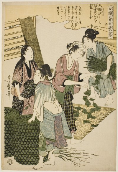 No. 5 (go), de la serie "Mujeres dedicadas a la industria de la sericultura (Joshoku kaiko tewaza-gusa)" de Kitagawa Utamaro