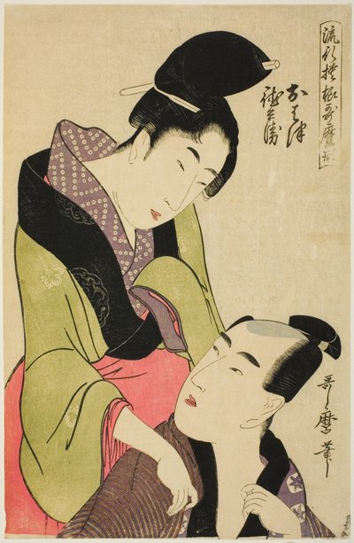 Ohatsu y Tokubei, de la serie "Patrones de moda al estilo Utamaro (Ryuko moyo Utamaro-gata)" de Kitagawa Utamaro