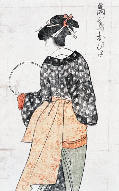 Ohisa de la casa de té Takashima, mujer en kimono con abanico, impresión de arte ukiyo-e por Kitagawa Utamaro (1753-1806), xilografía, civilización japonesa, período Edo de Kitagawa Utamaro