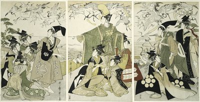 Parodia de Minamoto no Yoritomo liberando grullas en Yuigahama de Kitagawa Utamaro