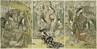 Imagen de Hideyoshi y sus cinco esposas viendo los cerezos en flor en Higashiyama de Kitagawa Utamaro