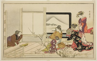 Preparando comida para un ruiseñor, de la antología ilustrada de kyoka "Danza masculina del zapateado (Otoko toka)" de Kitagawa Utamaro