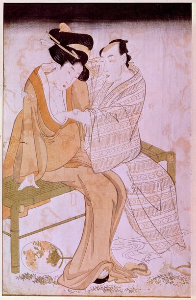 Representación de una pareja japonesa acariciándose en un banco de Kitagawa Utamaro