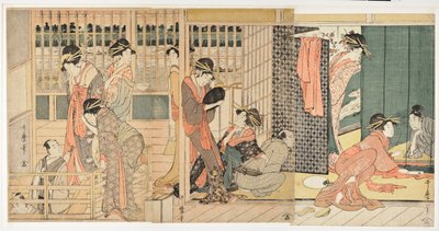 Retrato de la cortesana Tsukasa Dayu de Higashi Ogiya dans le quartier Shinmachi de Osaka --Estampe de Eishosai Choki (actif vers 1780-1809), vers 1800, linograbado --Tsukasa Dayu de Higashi Ogiya en el distrito Shinmachi de Osaka --Linograbado en color po de Kitagawa Utamaro