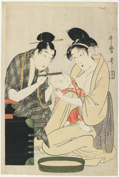 Afeitando la cabeza de un niño, Período Edo, c.1801 de Kitagawa Utamaro