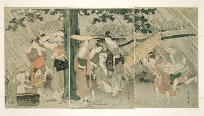 Refugiándose de una lluvia repentina de Kitagawa Utamaro