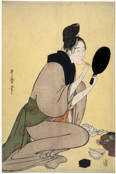 Belleza: chica aplicando maquillaje en sus labios de Kitagawa Utamaro
